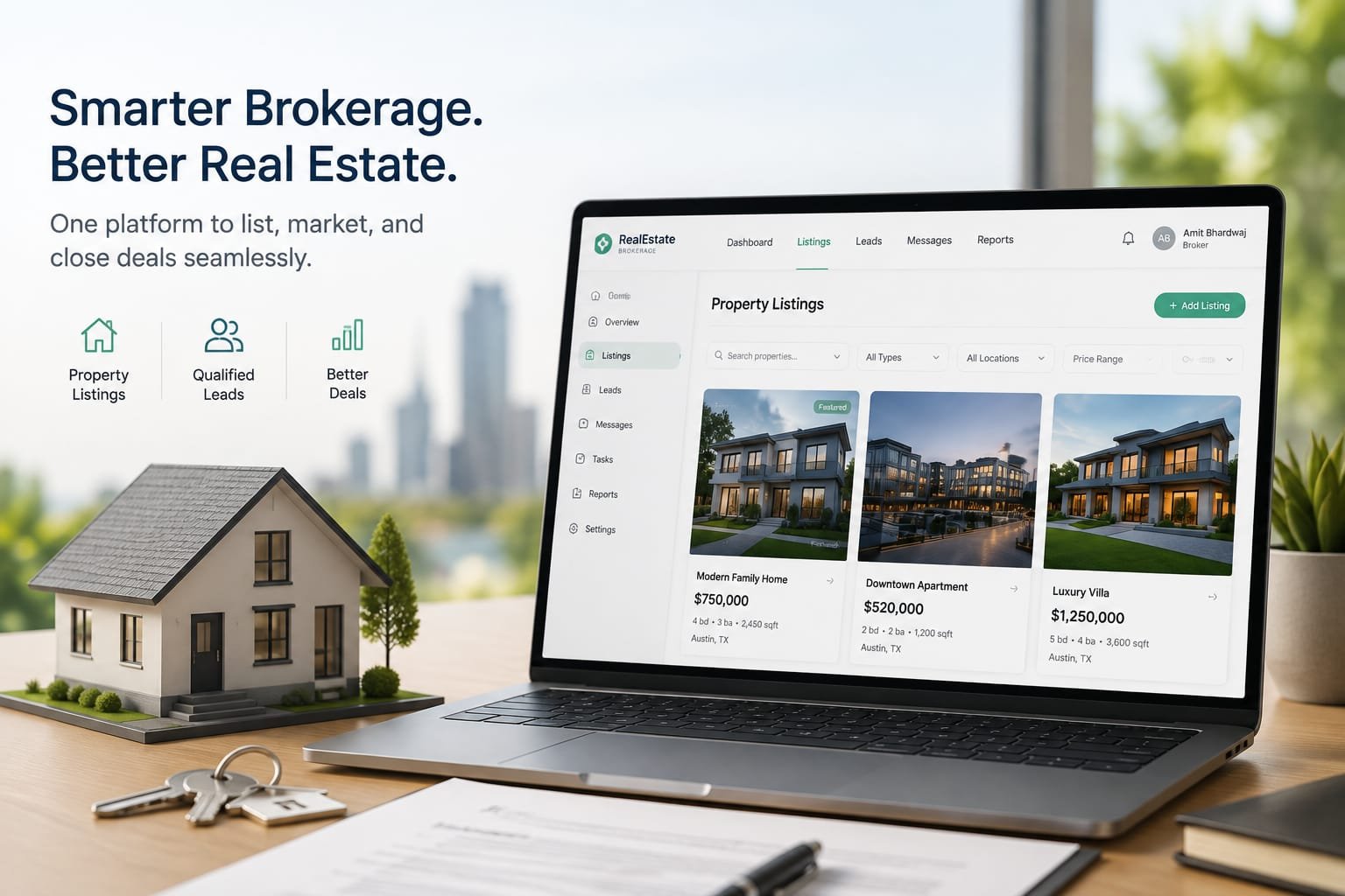 A brokerage website and CRM on screen