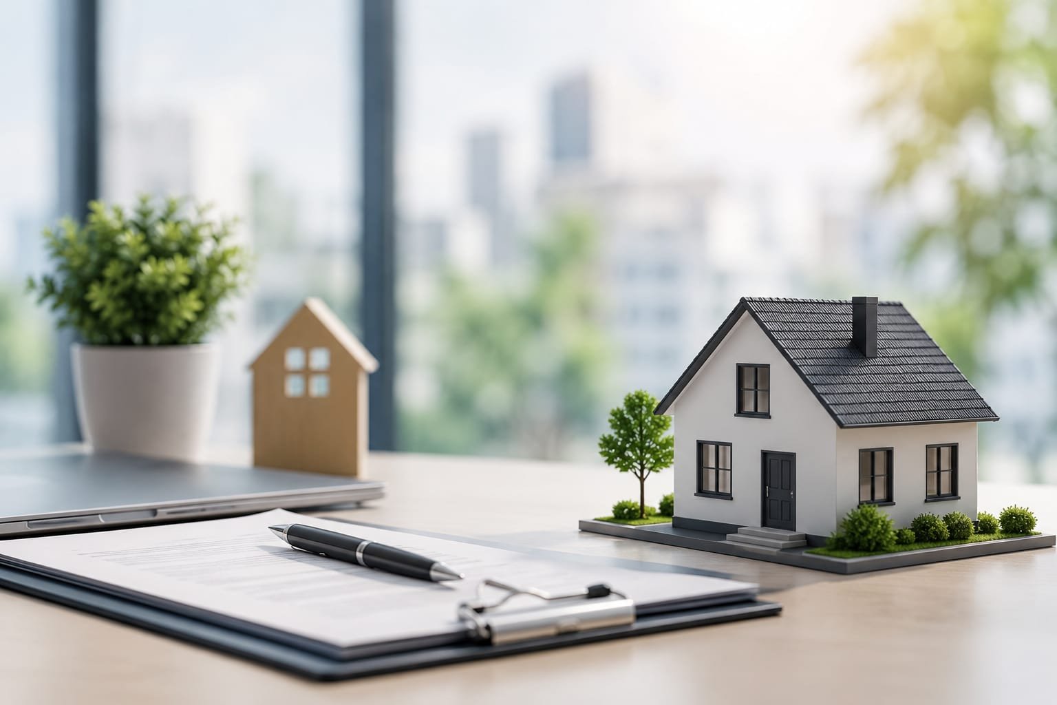 Real estate contract, model home and city skyline