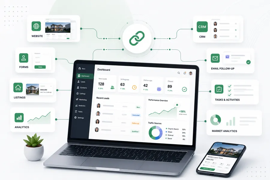 Connected systems: website to CRM to agent to follow-up
